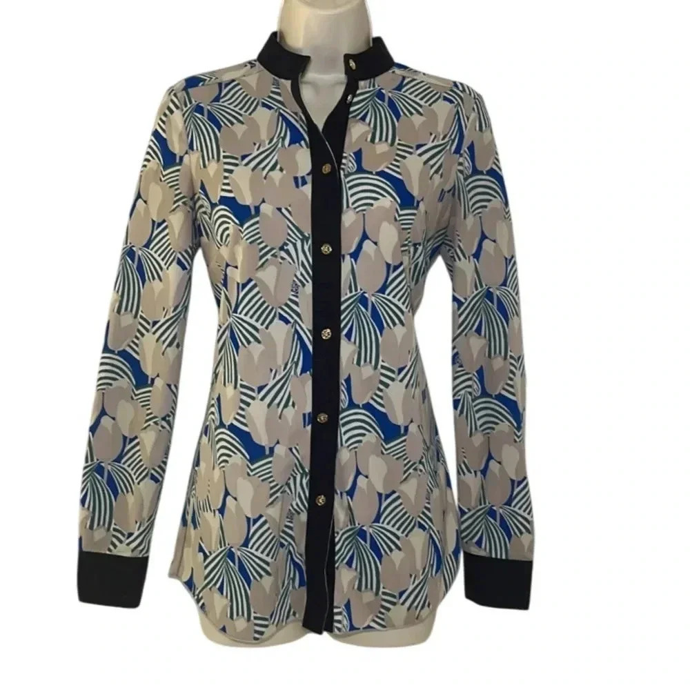 Tory Burch XS Blouse Mandarin Collar Tulip Print